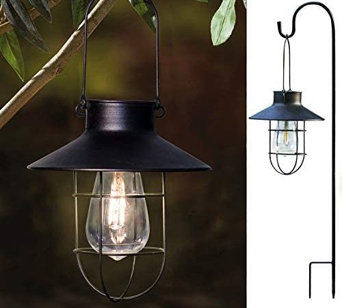 2 Pack EKQ Hanging Solar Lights Lantern Lamp with Shepherd Hook, Metal Waterproof Edison Bulb Lights for Garden Outdoor...