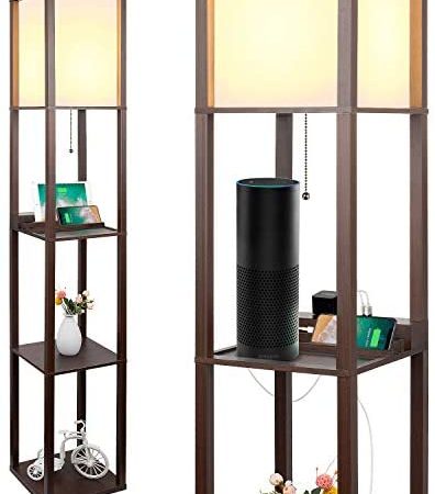 3-in-1 Shelf Floor Lamp with 2 Fast Charging USB Ports and 1 Power Outlet, 3-Tiered LED Shelf Floor Lamp, Shelf & Storage &...