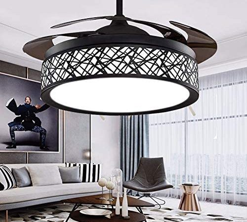 42" Black Bird-Cage Ceiling Fan Chandelier Retractable Blade Ceiling Fan with Lights and Remote...