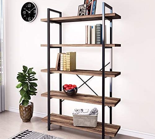 45MinST 5-Tier Vintage Industrial Style Bookcase/Metal and Wood Bookshelf Furniture for Collection,Vintage Brown, 4/5 Tier...