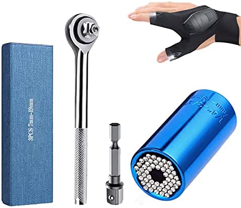 4Pcs Universal Socket,Wrench Set Socket Tools with Power Drill Adapter and Flashlight Gloves, Best Practical Tools for DIY...