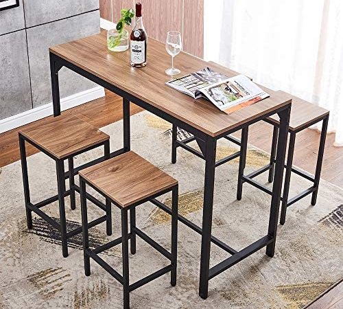 5-Piece Home Bar Table and Stool Set, Pub Table Set with High Stools for Kitchen Dining Room, Marble Print Tavern Set,...