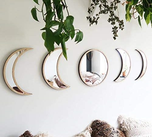5 Pieces Scandinavian Natural Decor Acrylic Wall Decorative Mirror Interior Design Wooden Moon Phase...
