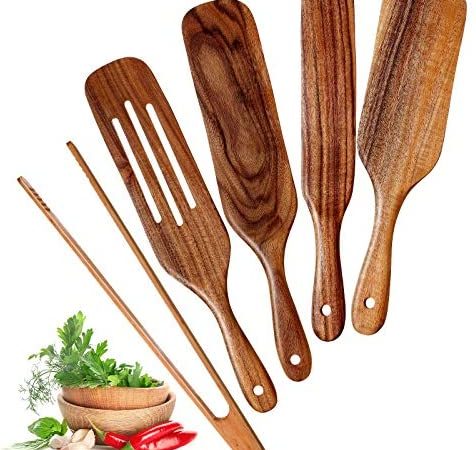 5 Pieces Spurtle Sets Wooden Spatulas Teak Kitchen Utensil Wood Cookware Set Wooden Cooking Utensils...