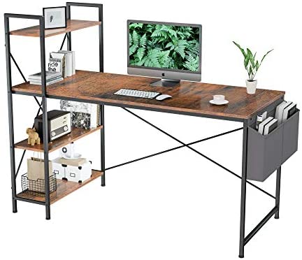 55 Inch Computer Desk with Shelves -Aludest Modern Writing Desk with Bookshelf PC Desk with Reversible Storage Shelves, Study...