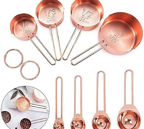 8 Pcs Measuring Cups and Spoons Set, Stainless Steel Rose Gold Measuring Cups & Spoons with Engraved Marking Ruler for...