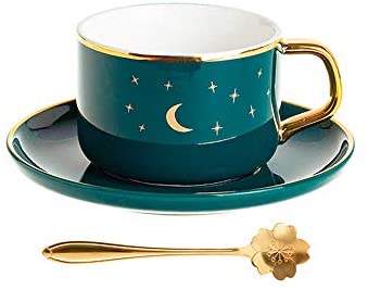 9 Oz Moon&Star/Crown Pattern Design Ceramic Coffee Mug Tea Cup with Saucer-Green