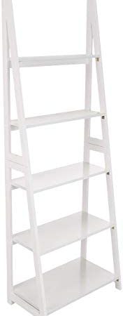 Amazon Basics Modern 5-Tier Ladder Bookshelf Organizer with Solid Rubber Wood Frame, White