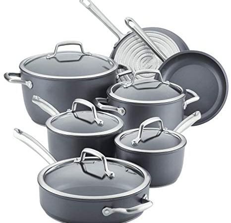Anolon Accolade Hard-Anodized Precision Forge Cookware Set with Glass Lids, 12-Piece Pot and Pan Set, Moonstone