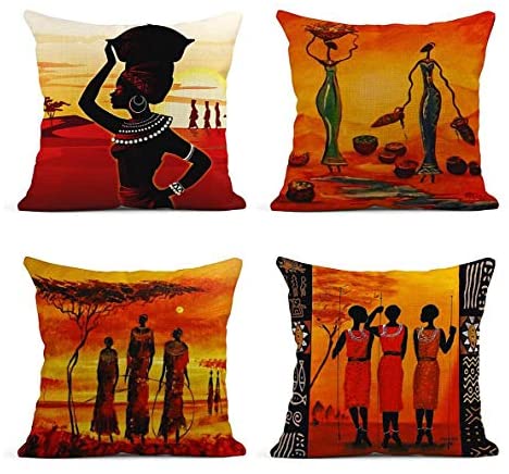 ArtSocket Set of 4 Linen Throw Pillow Covers Oil Painting African Art Ethnic Tribe Lady Livingroom Lips Decorative Pillow...