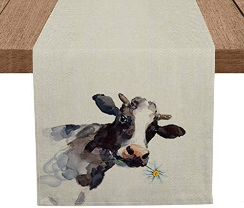 Artoid Mode Farm Sweet Farm Watercolor Cow Daisy Table Runner, Seasonal Farmhouse Spring Holiday Kitchen Dining Table Runner...