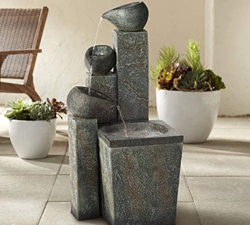 Asian Garden Tiered Zen Outdoor Floor Water Fountain with Light LED 39" High Cascading for Yard...