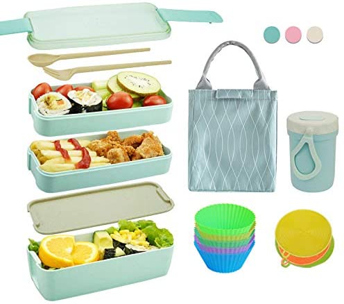 Bento Box Japanese Lunch Box Kit (11 PCS) 3-In-1 Compartment, Leak-proof Bento Lunch Box Meal Prep Containers with Utensils,...