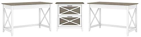 Bush Furniture Key West 2 Person Desk Set with Lateral File Cabinet, Pure White and Shiplap Gray