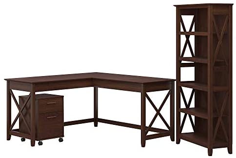 Bush Furniture Key West 60W L Shaped Desk with 2 Drawer Mobile File Cabinet and 5 Shelf Bookcase,...
