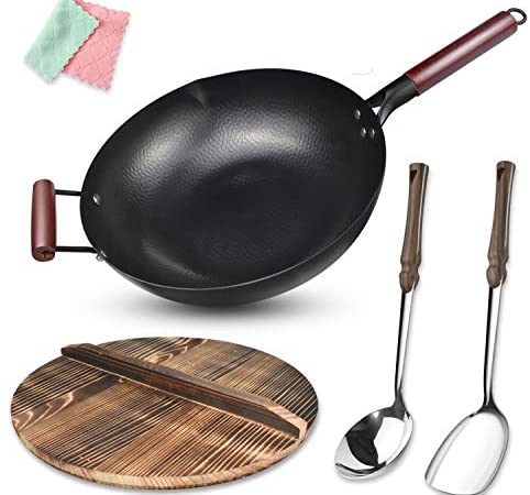 Carbon Steel Wok Flat Bottom,Woks and Stir Fry Pans Nonstick with Spatulas & Spoon,Uncoated Cooking...