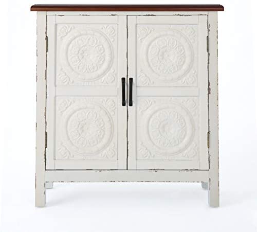 Christopher Knight Home Alana Firwood Cabinet with Faux Wood Overlay, Distressed White / Brown