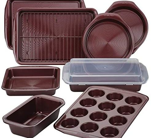 Circulon Bakeware Set with Nonstick Bread Cookie Baking Sheet and Cake Pans, 10 Piece, Merlot Red