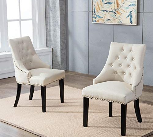 DAGONHIL Fabric Dining/Accent Chairs (Set of 2) with Black Solid Wooden Legs,Nailed Trim (Beige)