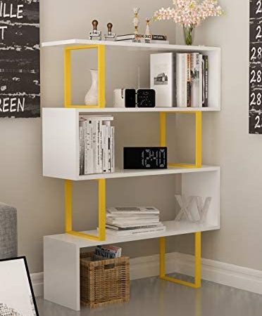 Decorotika Adriana 4-Shelf Geometric Modern Industrial Etagere Bookcase Bookshelf Shelving Unit (Yellow and White)