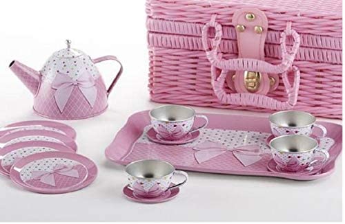 Delton Products Tin 15 Pieces Tea Set in Basket Pink Bow Serveware