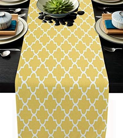 Dining Table Runner Dresser Scarf Linen Burlap Fabric,Geometric Patterned Moroccan Trellis...