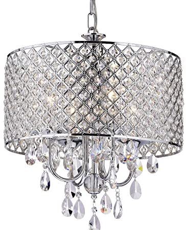 Edvivi Marya 4-Light Chrome Round Crystal Chandelier Ceiling Fixture | Beaded Drum Shade | Glam Lighting