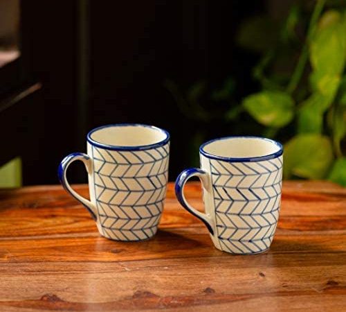 ExclusiveLane 'Indigo Chevron' Handpainted Ceramic Tea Mugs & Ceramic Coffee Mugs (Set of 2, 300 ML,...
