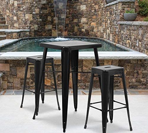 Flash Furniture Commercial Grade 23.75" Square Black Metal Indoor-Outdoor Bar Table Set with 2 Square Seat Backless Stools