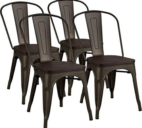 GOFLAME Set of 4 Metal Dining Chairs with Wood Top Seat, Tolix Style Stackable Bistro Cafe Side...
