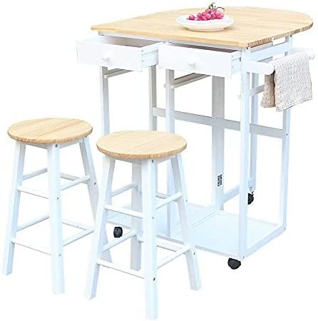 H/ FCH Semicircle Solid Wood Folding Dining Cart with 2 Stools White Kitchen Island Kitchen cart Kitchen Islands and carts...