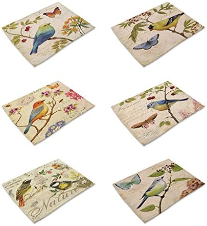 HACASO Set of 6 Vintage Style The Painting Bird Pattern Dining Table Mats Cotton Linen Placemats