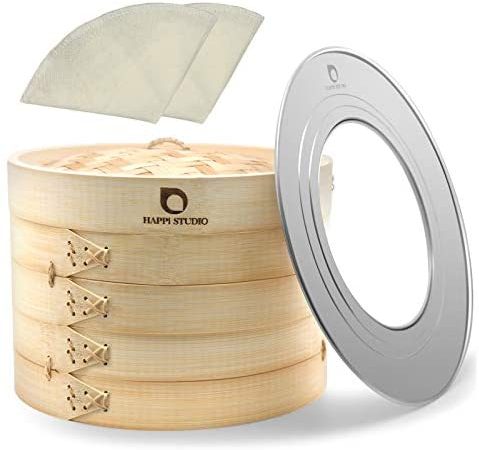 HAPPi STUDIO Bamboo Steamer Basket 10 inch and 304 Stainless Steel Steamer Ring Set - 100% Natural...