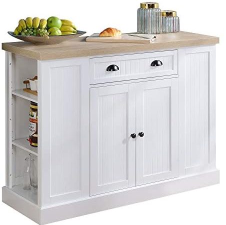 HOMCOM Fluted-Style Wooden Kitchen Island Storage Cabinet with Drawer, Open Shelving, and Interior...