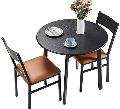HOMOOI 3 Piece Dining Table Set with 2 Cushioned Chairs, Small Kitchen Table, Espresso and Brown