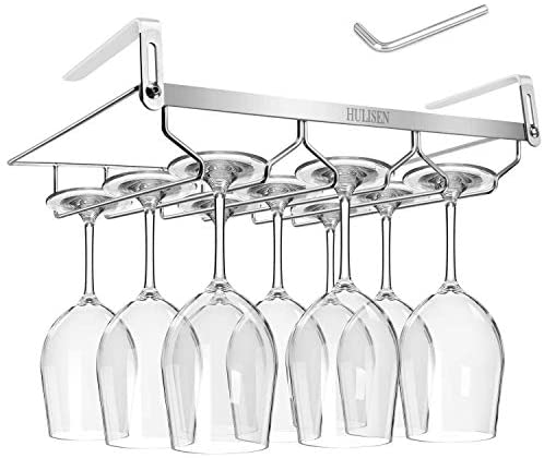 HULISEN 0.4 -1.38 inch Adjustable Thickness Wine Glass Rack Under Cabinet, 3 Rows Stemware Rack,...