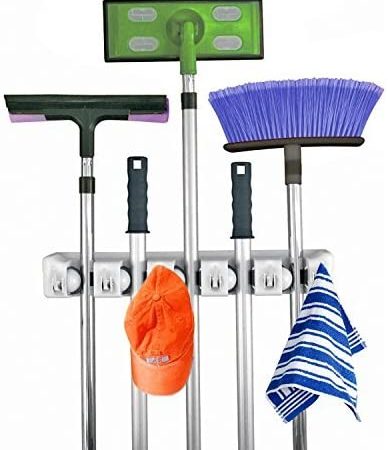 Home- It Mop and Broom Holder, 5 Position with 6 Hooks Garage Storage Holds up to 11 Tools, Storage...