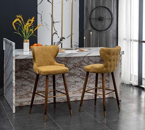 HomeZero Wena Mid-Century Modern Velvet Barstools, Set of 2, Yellow