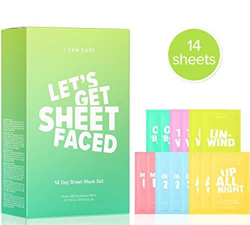 I DEW CARE Let's Get Sheet Faced Face Sheet Mask Pack | Set of 14 Sheet Masks Self Care Gifts for Women | Collagen, Acai...