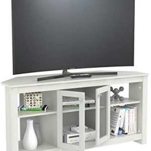 Inval Corner TV Stand with Glass Doors, Washed Oak