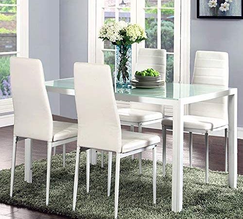 JOYBASE 5 Piece Dining Table Set, Tempered Glass Top Table with 4 Leather Chairs, Kitchen Dining...