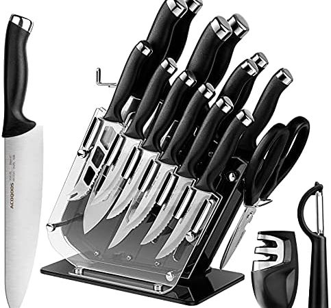 Knife Set for Kitchen, ACOQOOS Chef Knife Set 18 PCS, Kitchen Knife Set with Block. Acrylic Stand,...