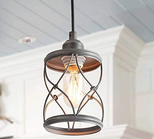 LALUZ Pendant Lighting for Kitchen Island, Hallway, Rustic Industrial Cage Hanging Fixture, Silver...