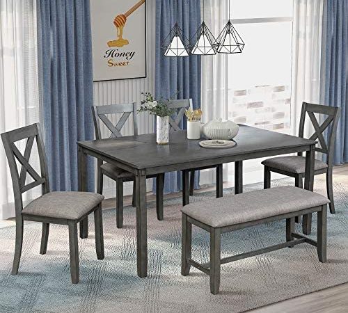 LZ LEISURE ZONE 6 Piece Wooden Dining Table Set with Bench and 4 Dining Chairs, Kitchen Table Set Family Furniture for 6...