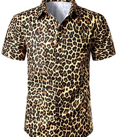 LucMatton Men's Hipster Short Sleeve Button Down Leopard Print Shirt for Club Rock Party