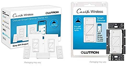 Lutron Caseta Smart Start Kit, Dimmer Switch (2 Count) with Smart Bridge and Pico remotes, White &...