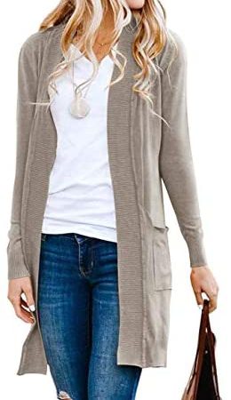 MEROKEETY Women's Long Sleeve Basic Knit Cardigan Ribbed Open Front Sweater with Pockets