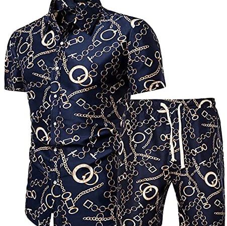Men's 2 Piece Tracksuit 2021 Casual Button Down Short Sleeve Hawaiian Shirt and Shorts Suit Jogging...