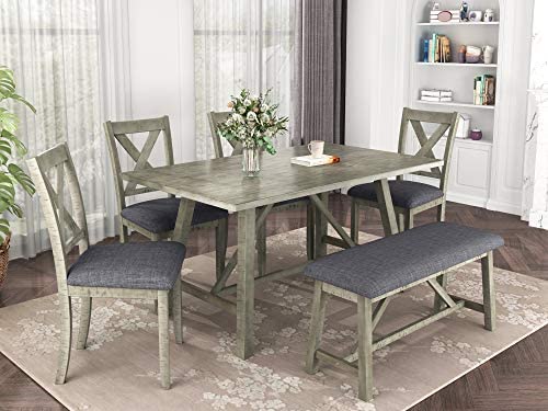 Merax 6 Piece Dining Table Set, Wood Kitchen Table Set Dining Room Table and Chairs with Bench