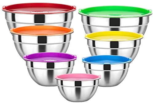Mixing Bowls, Stainless Steel Mixing Bowls Set of 7 with Lids for Kitchen, Nesting Metal Bowls for...